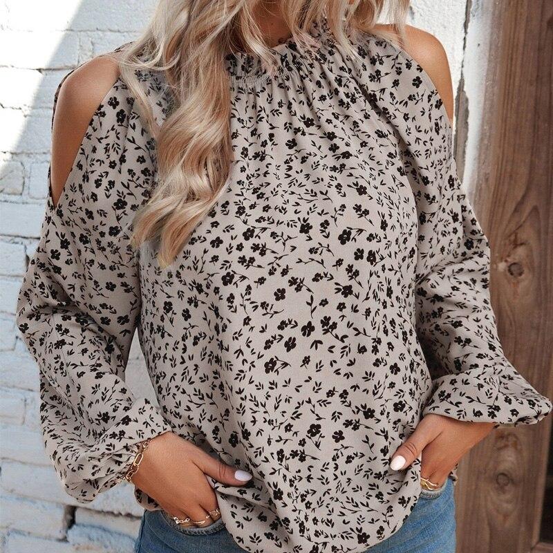 Uformelt løse dameoverdeler Chiffon Kontor Langermet Damebluse Mote Off The Shoulder Dameskjorter Utskrift 28422