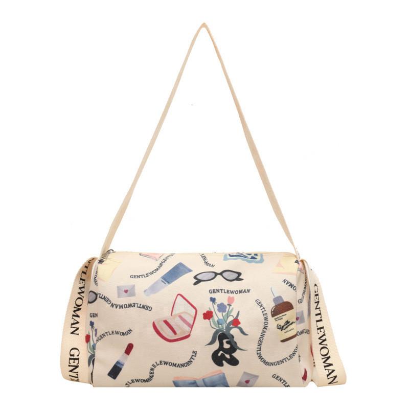 Cute Painted Floral Canvas Bag 2023 New Casual Shoulder Bag Cross-border Fashion Bear Grid Blue Red