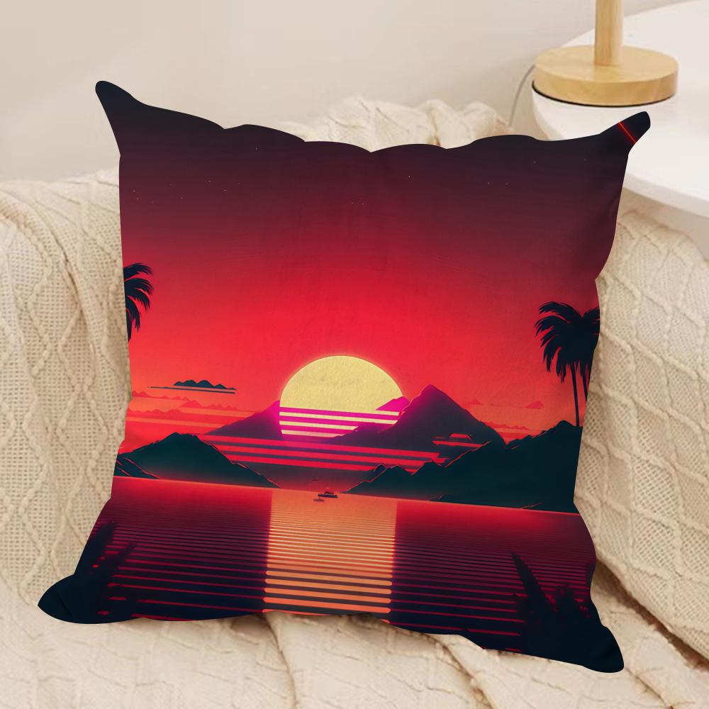 Sunset Palm Tree Fashion Cushion Cover Silky Short Plush Invisible Zipper Dustproof Sofa Pillow Case for Home Decor