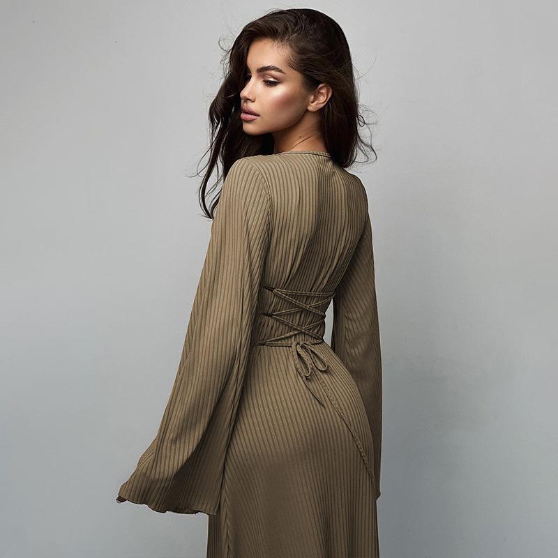 Women's Autumn Loose U Neck Back Tie Long Sleeve Dresses
