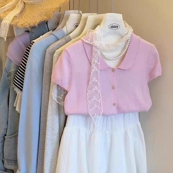 

Вязаный кардиган в стиле ретро с воротником Питера Пена - Женский модный топ для весны/лета Small розовый