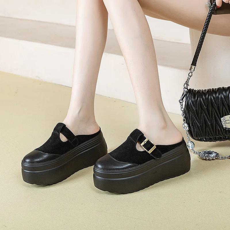 8cm Cow Suede Genuine Leather Summer Women Zandalias De Mujer Females Buckle Platform Slippers Wedge Flat Sandals Slides Shoes