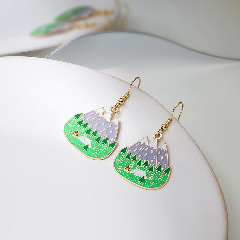 Fun Cartoon Asymmetrical Oil Drop Earrings, Guochao Panda Animal Fruit Earrings, Cute Mushroom Leaf Earrings