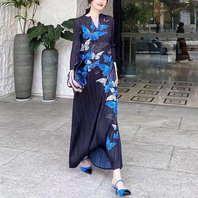 Spring Summmer Autumn Women Elegant Office Vintage Loose Long Sleeve Pleated Butterfly Print Big Plus Size Midi Maxi Dress Clothes M-4XL