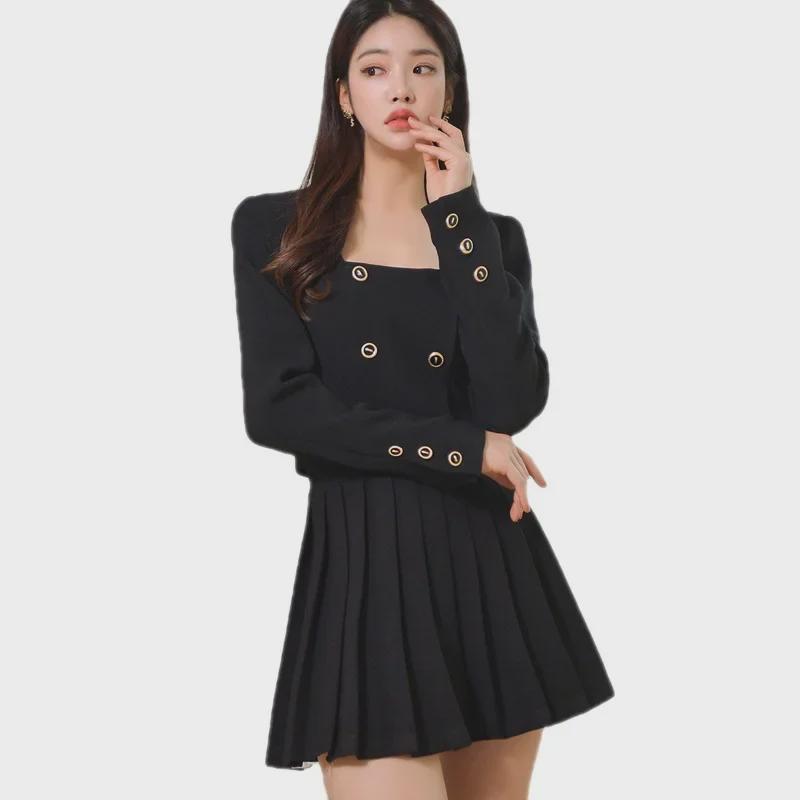 2023 Autumn Korean Style Women's Fashion: Double-Breasted Jacket and Pleated Skirt Two-Piece Suit