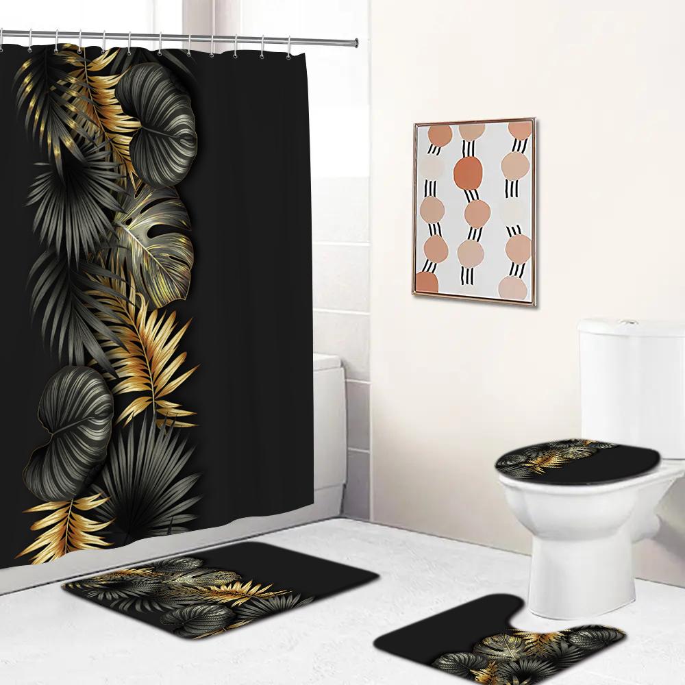 Black and Gold Tropical Plant Palm Leaf Bathroom Shower Curtain Set for Bathtub Exotic Leaves Bath Mats Rugs Toilet Home Decor