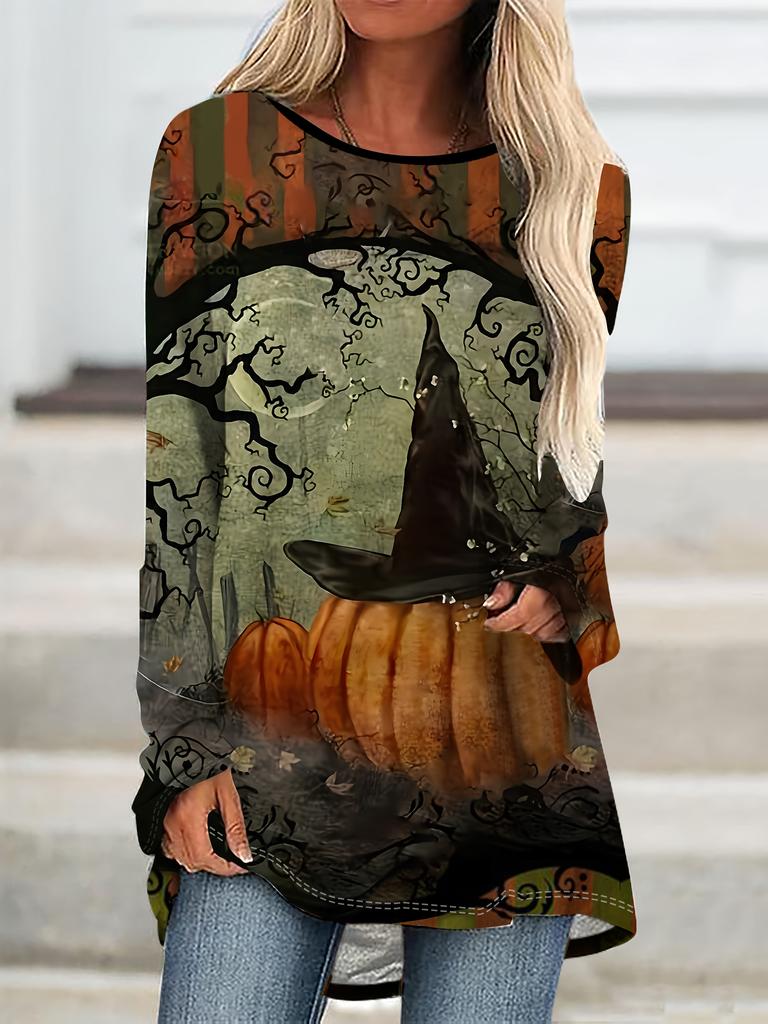 Women's Large Size Halloween Round Neck Long Sleeve T-Shirt - Directional Printing and Dyeing Pumpkin Head Pattern Print