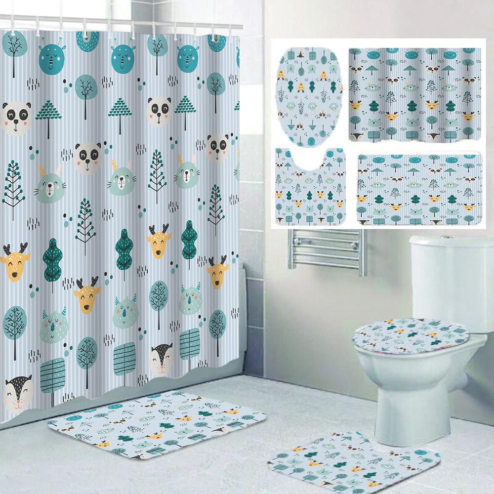 1/4 Simple animals shower Curtains, Toilet Seat Decoration, Shower Curtain with Carpet and Toilet Lid, 12 70.8x70.8 inch Hooks