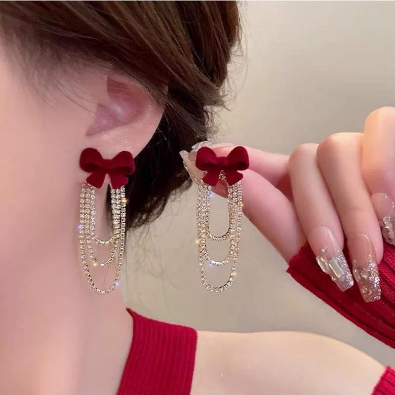 Fashion Atmospheric Red Velvet Bow Earrings Femininity Sweet Flower Long Fringed Versatile Earrings