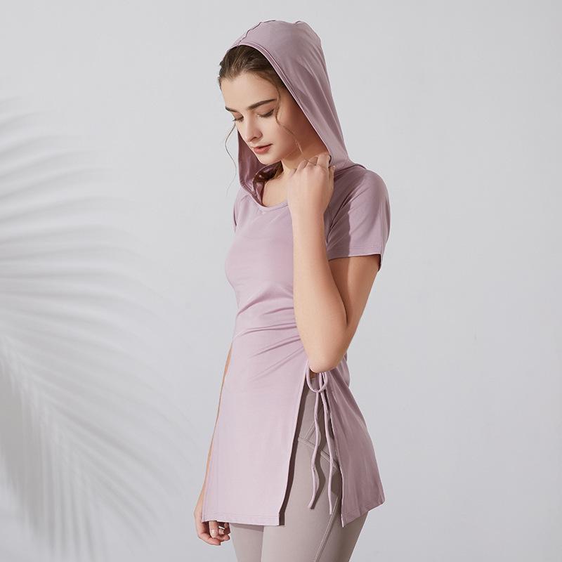 

Women s Plus Size Hooded Short-Sleeve Quick-Dry Yoga Top - Long Length for Hip Coverage 2XL розовый/фиолетовый