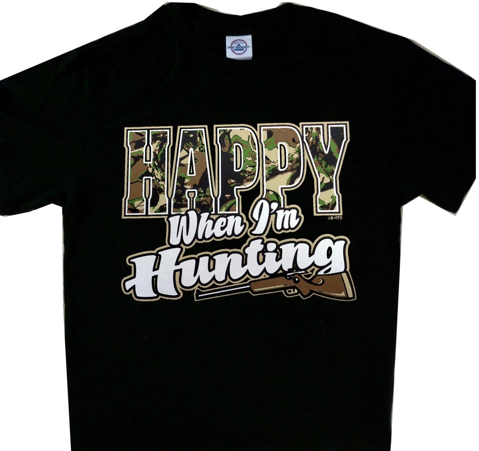 Happy when I m Hunting Camo Black Tee Shirt New Hunting Shirt S