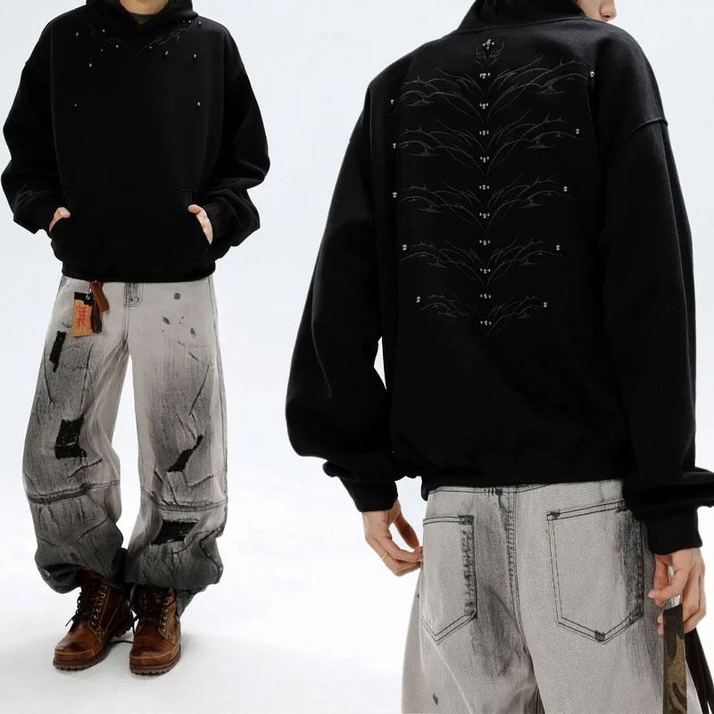 Men's Clothing Stylish Embroidery Hoodies Loose Casual Hooded Autumn Vintage Beading Basic Long Sleeve Solid Color Sweatshirts