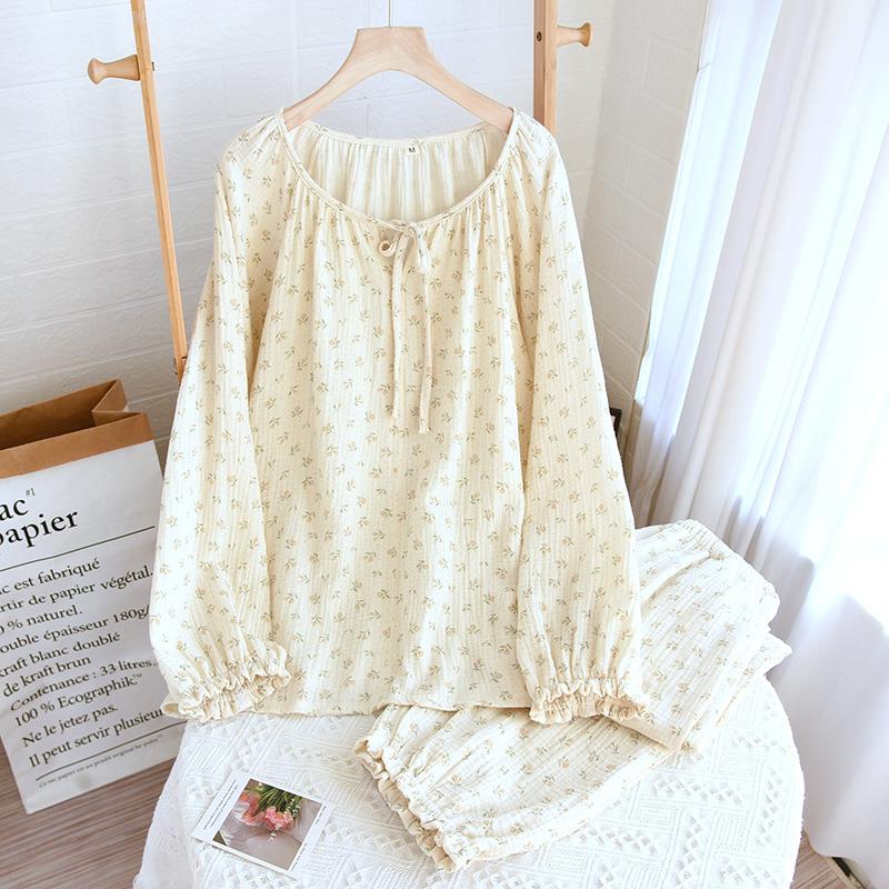 Pajamas pure cotton cotton yarn Mori retro floral lace-up women's long-sleeved trousers can be worn outside, loungewear can be worn outside