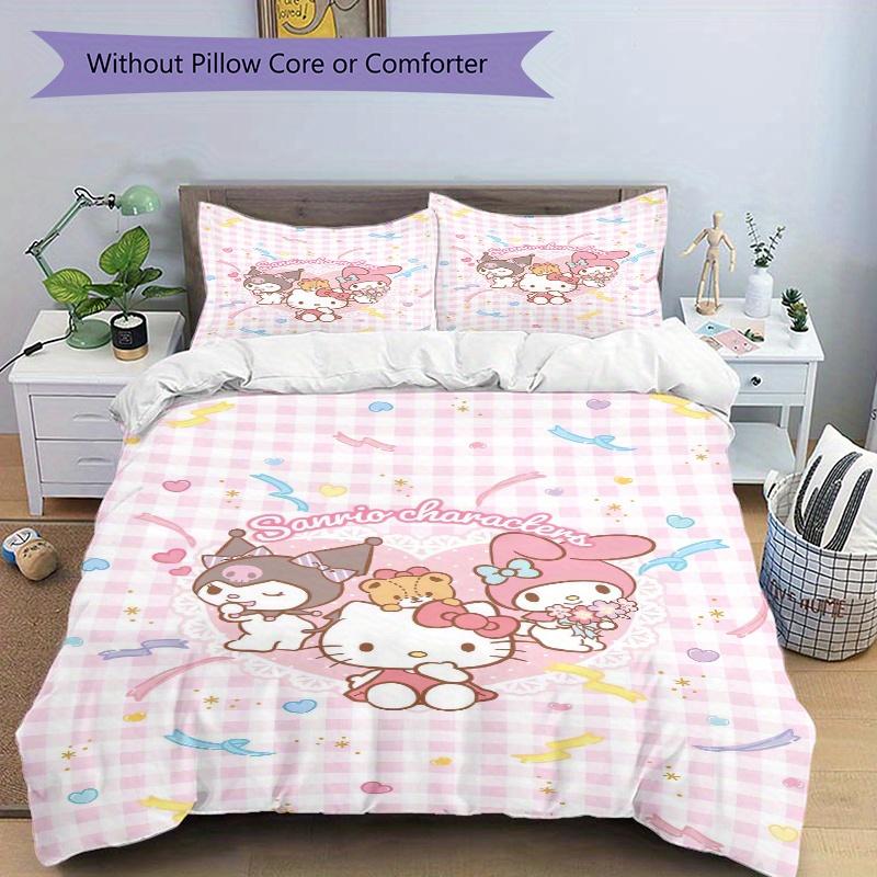 3pcs Grid My Melody Hello Kitty Kuromi Bedding Set - Includes 1 Quilt Cover and 2 Pillowcases, Comfortable Bedding with Stylish Design for B