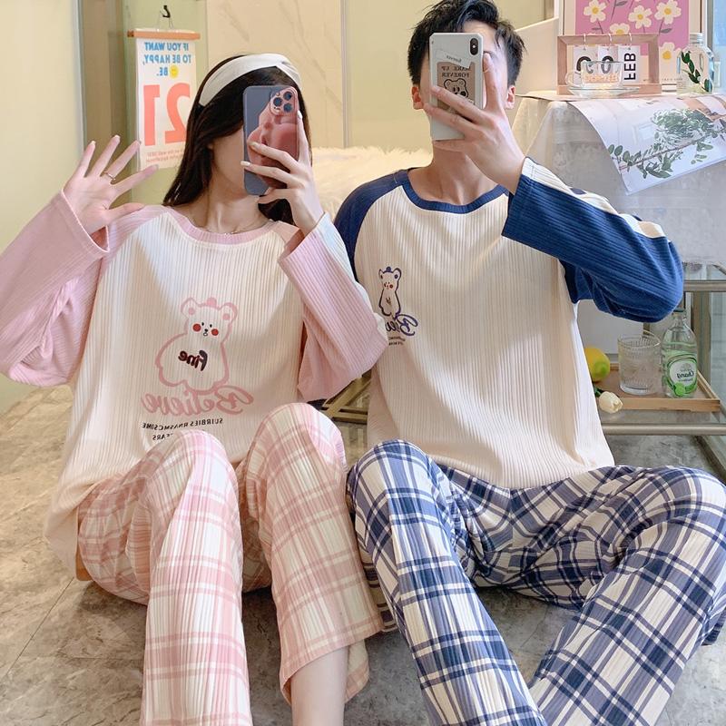 Uzun Kollu Gecelik Çift Erkek ve Kadın Eşleşen Ev Seti Pamuklu Pijama Karikatür Baskılar Eğlence Gecelik Pijama Bahar İçin