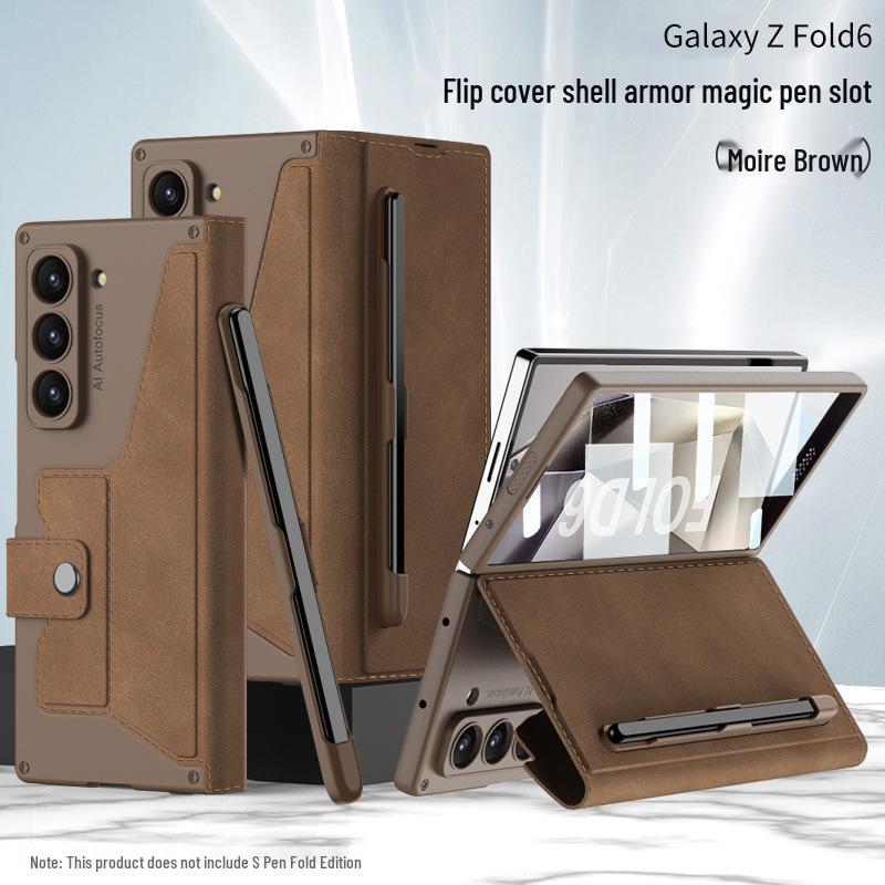 Samsung Z Fold 6 Armor Flip Leather Case with Pen Slot - Full-Wrap Business Shell