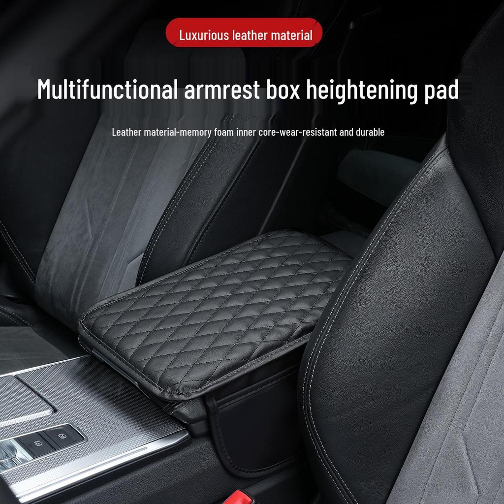 Car Armrest Box Pad with Double-Sided Pockets, Multi-Functional Thin Leather Heightening Pad Cover