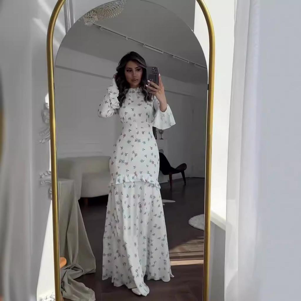 European and American spring gentle wind small fresh floral lotus leaf edge long dress