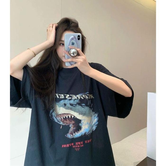 Black short-sleeved printed t-shirt women's 2026 new summer loose trendy brand high-end design sense niche medium and long top