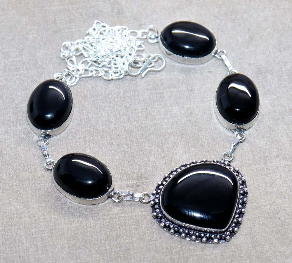 Pretty Black Onyx 925 Silver Plated Necklace 19" Stylish Jewelry Trendy c5M18