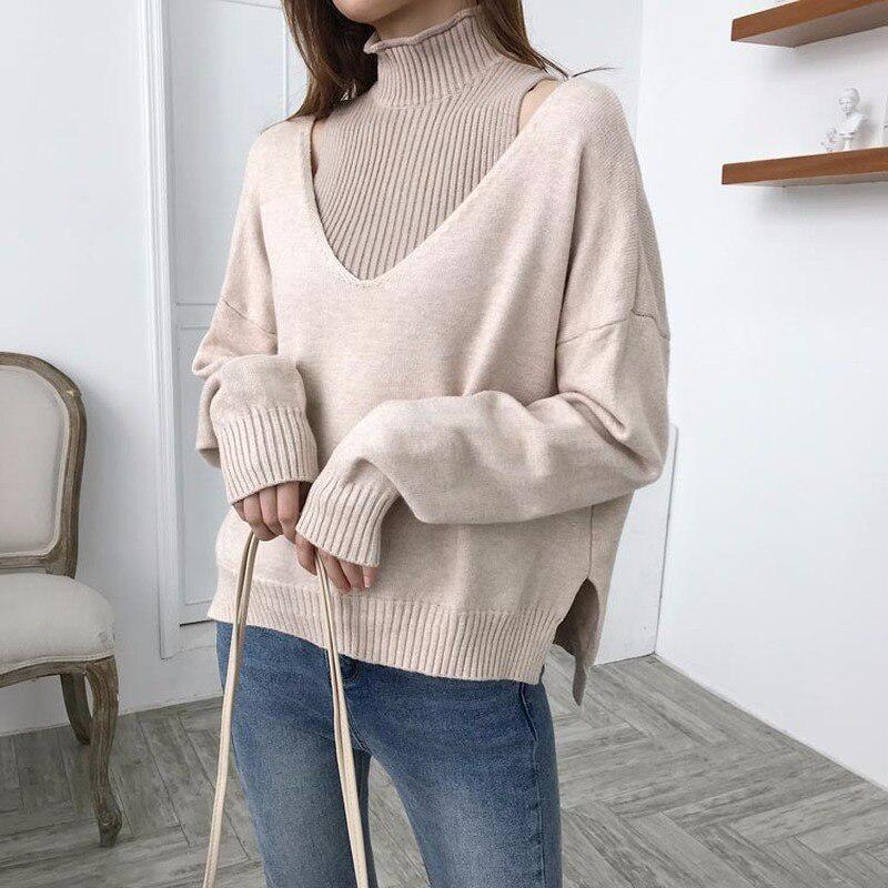 Two-piece Straight Half-high Collar Bottoming Sweater Female Commuter V-neck Loose Long Sleeve Sweater Sweater Women Sets Spring