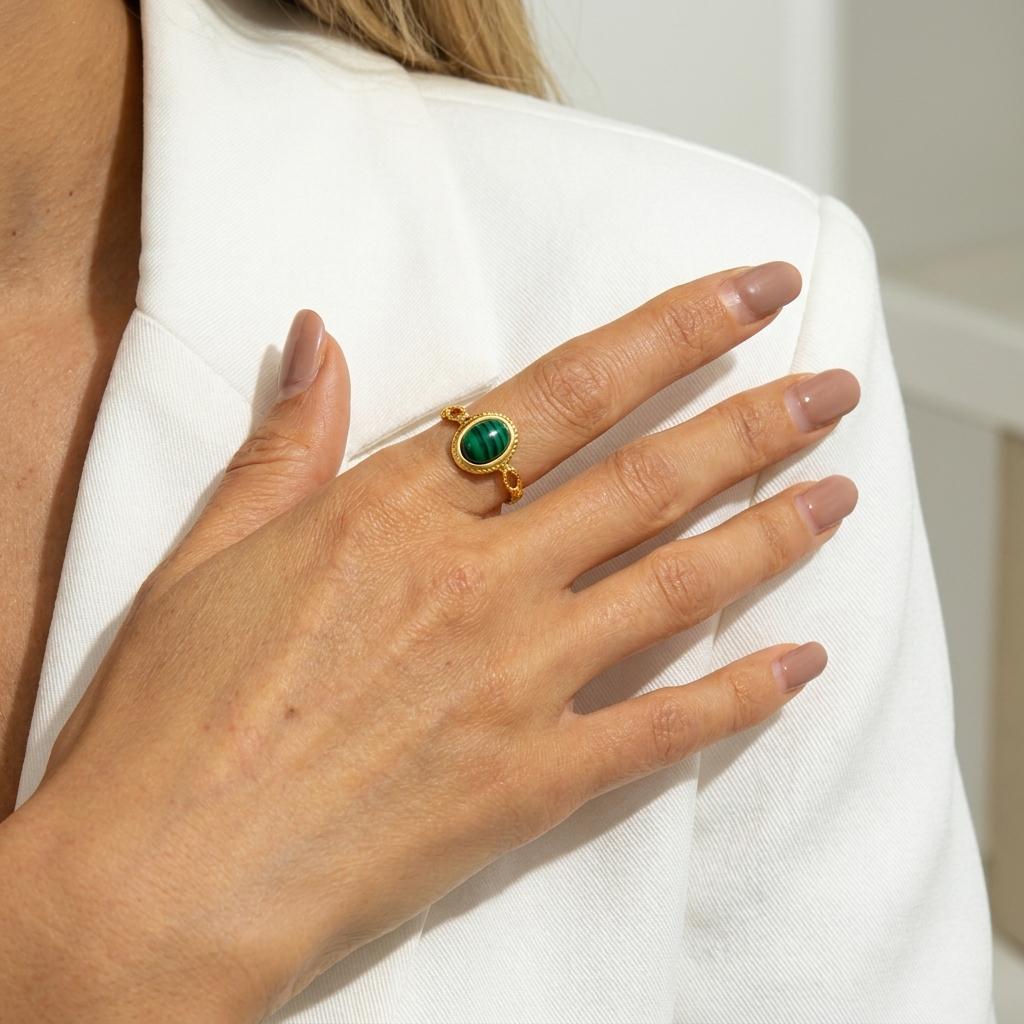 Dainty Thin Band Green Stone Statement Open Ring for Women Gold Plated Stainless Steel Adjustable Ring Party Jewelry Gift