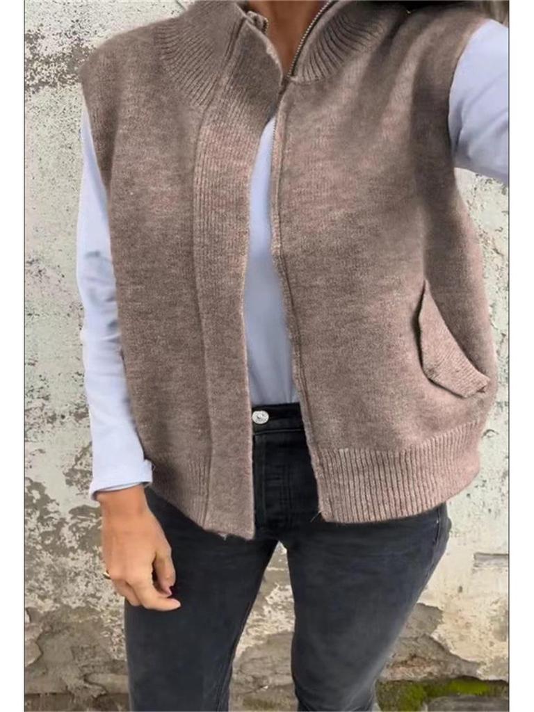 European and American Women's Autumn/Winter Stand Collar Zipper Sweater Vest - Loose Knit Casual Cardigan