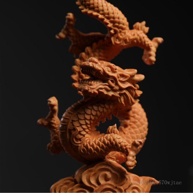 Yellow Poplar Wood Hand Carving Crafts Creative Dragon Shape Sculpture Decor South American Boxwood, Dragon Year Decoration, 1Pc