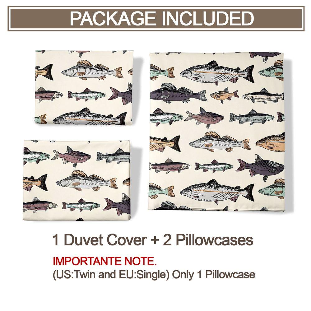 Vintage Fish Print Duvet Cover Set(1 Duvet Cover & 1/2 Pillowcase) Soft Bedding Set For Bedroom Fishing Theme Decor