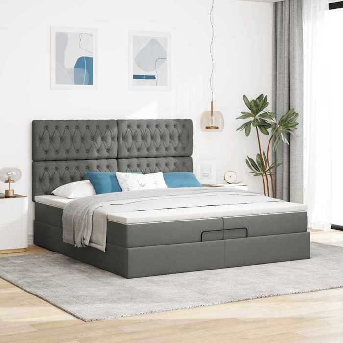 VidaXL Ottoman Bed Frame with Mattress Dark Grey 200x200cm Fabric, Bed Frame, Upholstered Bed Frame, Bed Frame 3313266