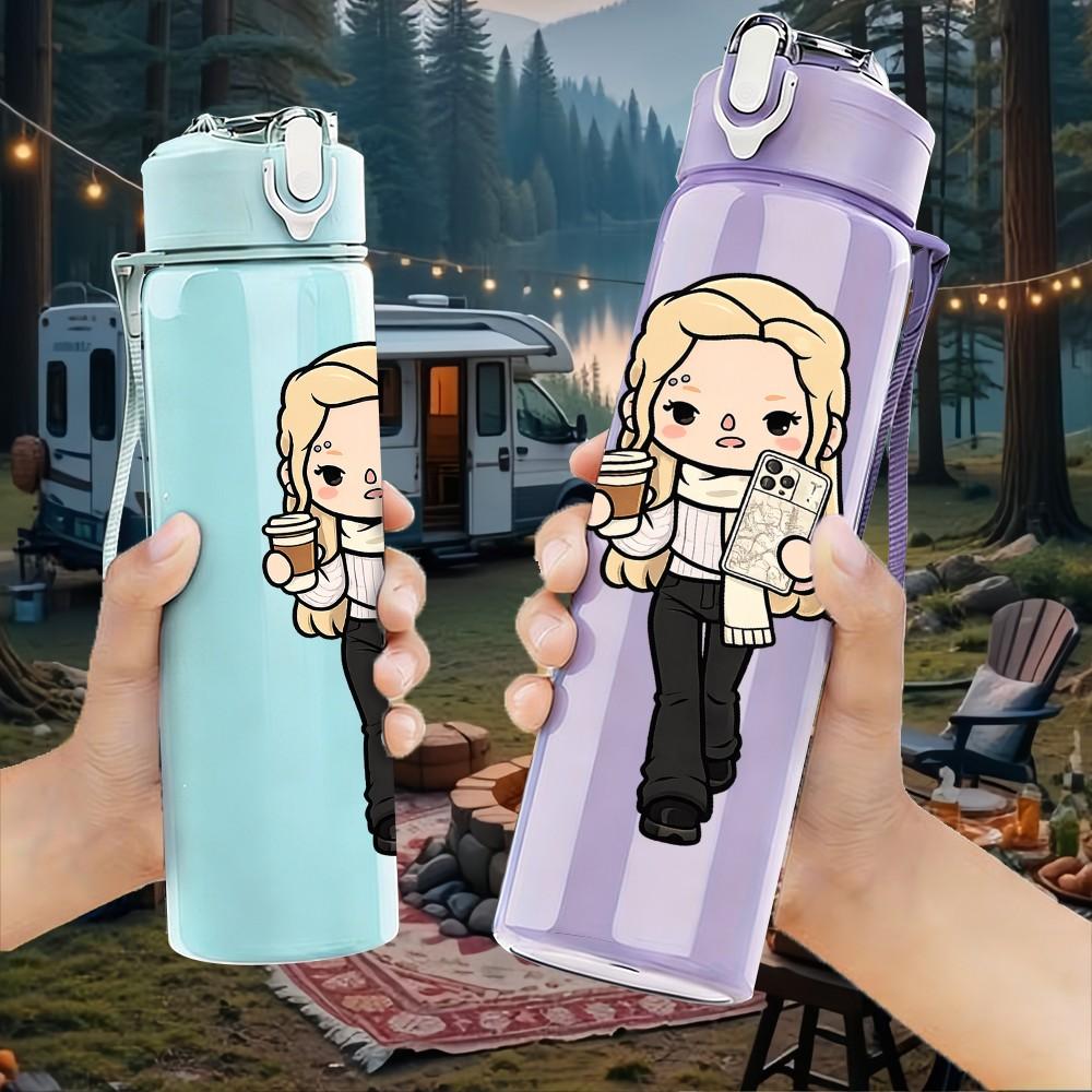 1PC Blonde Lady In Black Suit 750ml Color Plastic Sports Water Bottle Leakproof Flip Straw Lid Suitable for Sports Office Home Use