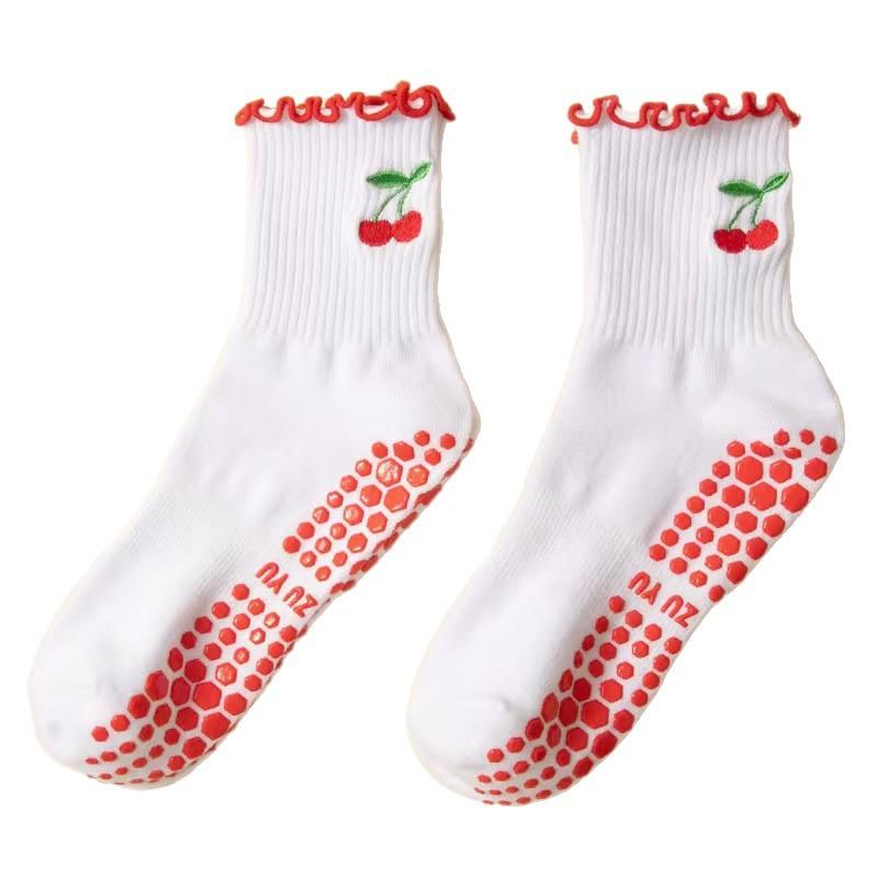 Cartoon Yoga Socks, Women's Embroidered Mid-calf Socks, Cherry Professional Anti-slip Fitness Pilates Sports Floor