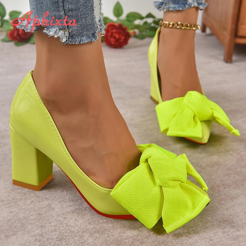 

Aphixta New Big Butterfly-knot 7cm Chunky Heels Pumps Women Shoes Pointed Toe Baby Pink Flowers Pumps Super Plus Size 50 53