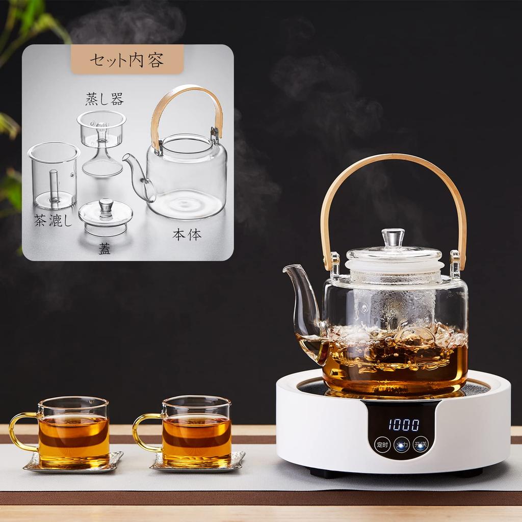 Pokaro Tea Teapot, Heat-Resistant Glass, Stylish Teapot, Teapot, Clear Glass, Stovetop-Safe, Large Capacity (1000ml), with Glass Tea Strainer, Bamboo