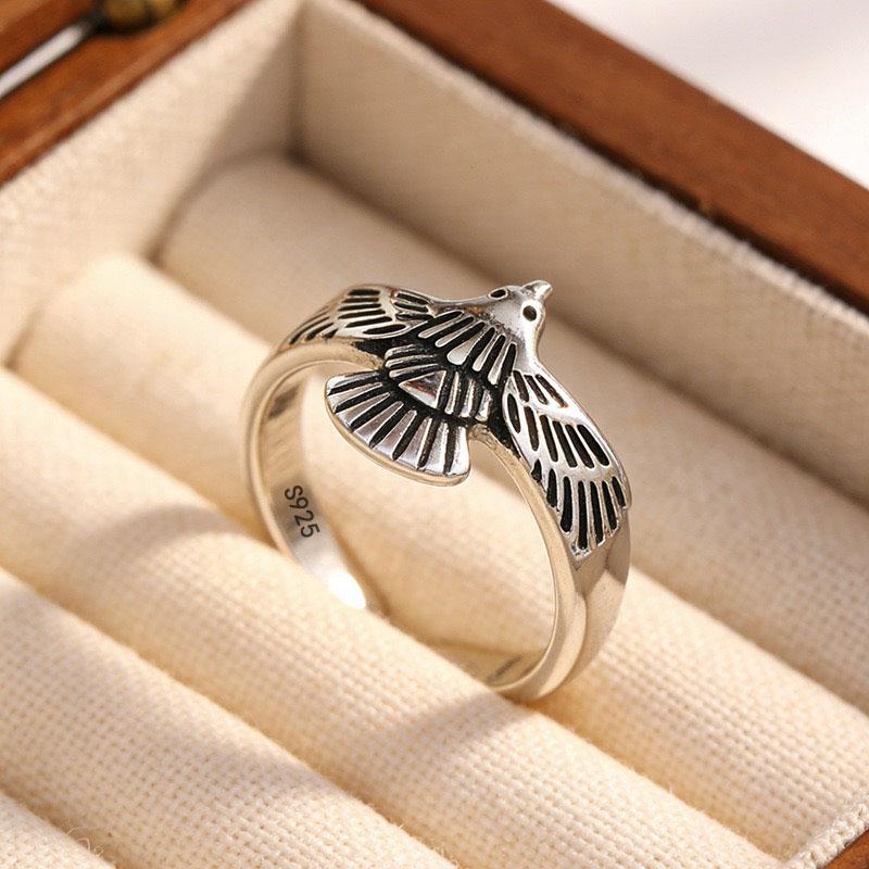 

BF CLUB 925 Sterling Rings for Women Simple Geometric Handmade Irregular Retro Bird Wings Ring Allergy For Birthday Gift resizable