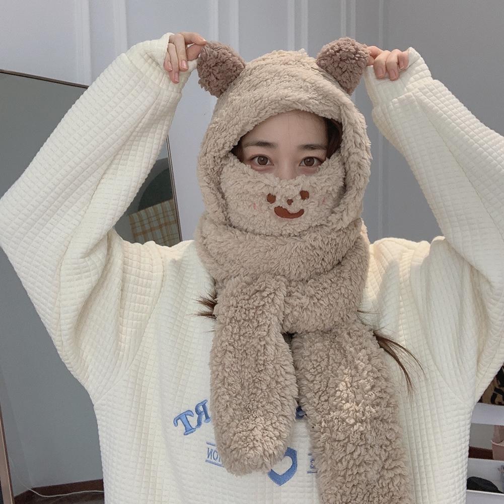 Damen Integrierter Niedlicher Ohrenhut Schal Winter Warm Plüsch Ohrenschutzhut Netzwärmer Handschuhe Für Mädchen