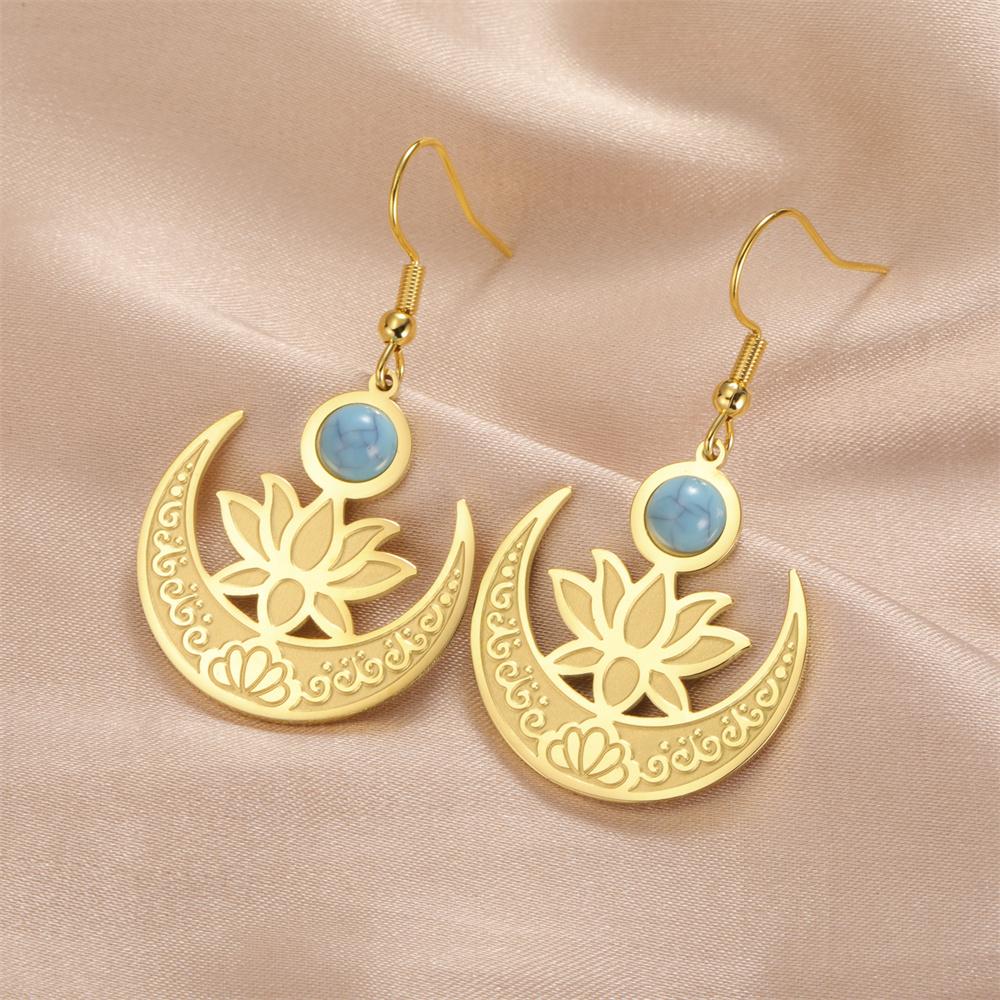 My Shape Flower Lotus Moon Earrings for Women Stainless Steel Dangle Earrings Flower Drop Earring Jewelry Chakra Healing Amulet