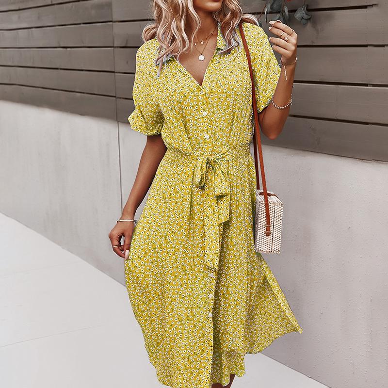 Dámské Dlouhé šaty s květinovým potiskem Vintage Bandage Jednořadové plážové šaty s výstřihem do V Dámské Boho Župan s krátkým rukávem Knoflík Vestidos