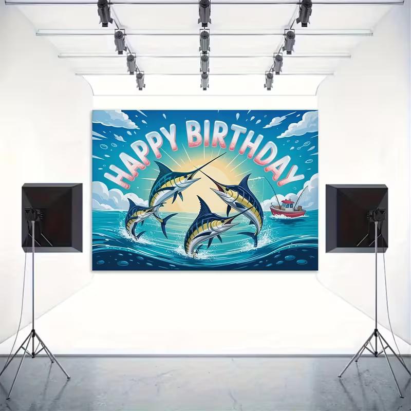 2D Marlin Fishing Birthday Backdrop Ocean Themed Photography Background