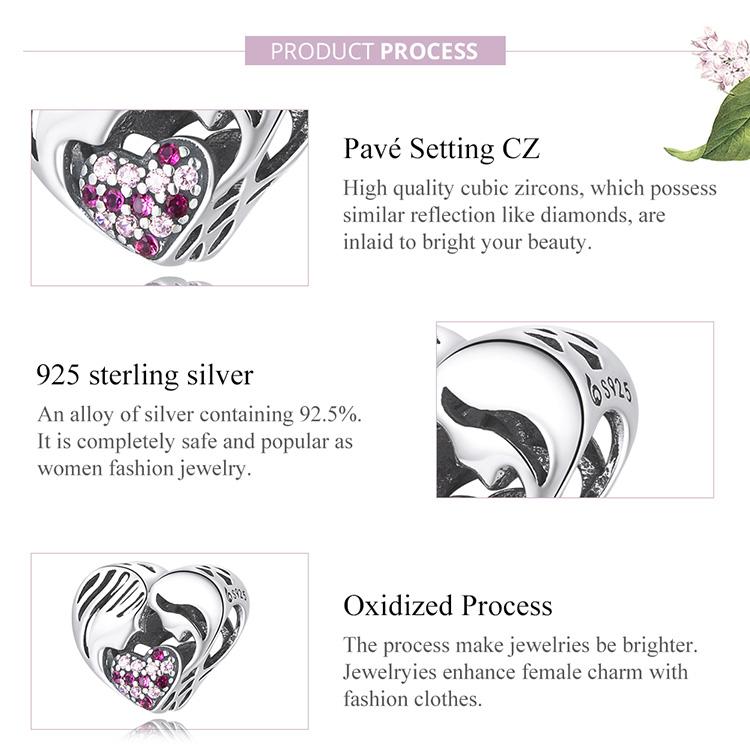 BAMOER 925 Sterling Silve Charm Heat Mom Daughter Love Silhouette Zircon Fit Charms DIY Bracelets Bangles Women Jewelry