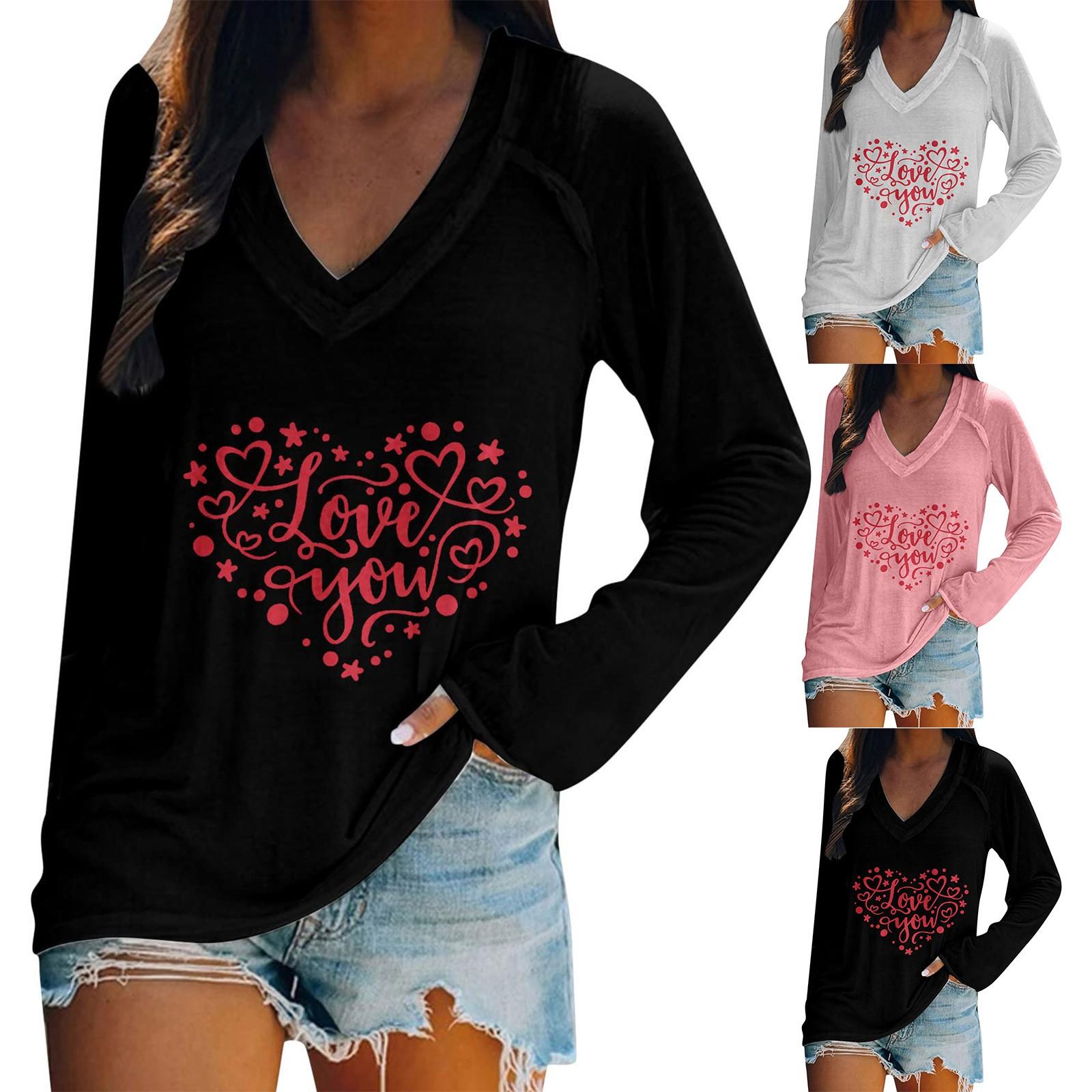 

Топы на День святого Валентина для женщин, сексуальная футболка с v-образным вырезом и принтом «Любовь», женские повседневные рубашки с длинными рукавами, подарки