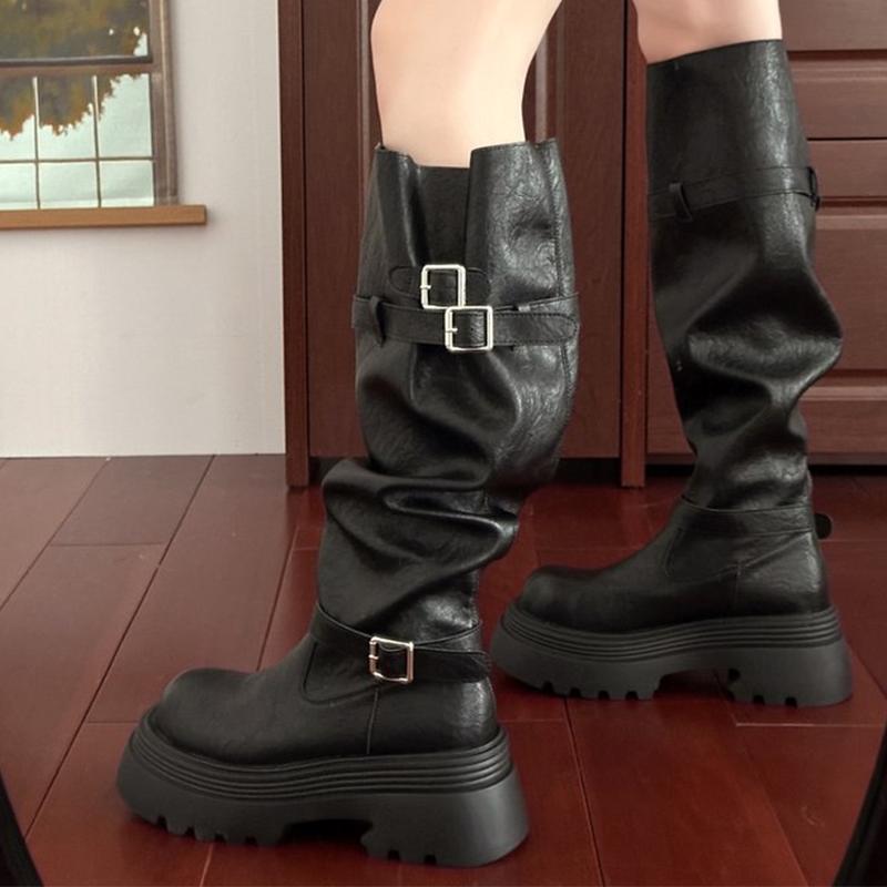 Platform Women's High Boots Flats Designer Knee High Shoes  Leather Winter Motorcycle Boots New Fashion Gothic Mujer Botas