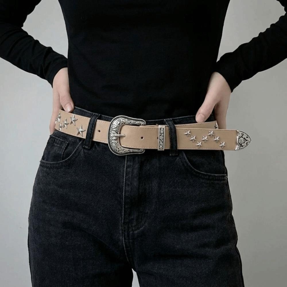 Solid Color Western Studded Belt Gothic Star Waistband Trouser Belt Y2K Punk Belt Unisex