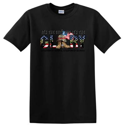 Military Glory T Shirt American Flag Helmets Boots Soldiers Tee