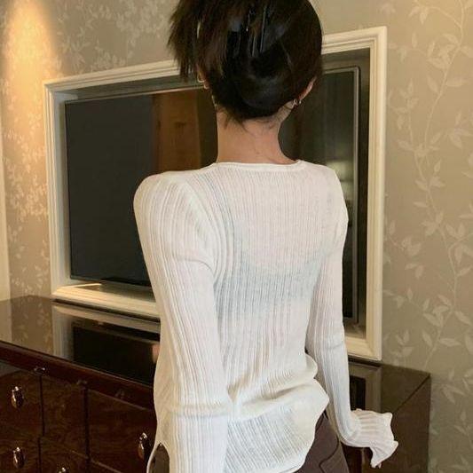 Split Hem White Knitwear Women's Autumn and Winter French Style Long Sleeve Thin Inner Base Layer Top