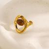 Vintage Stainless Steel Brown Stone Rings for Women Gold Color Geometric Metal Irregular Texture Open Rings Aesthetic Jewelry
