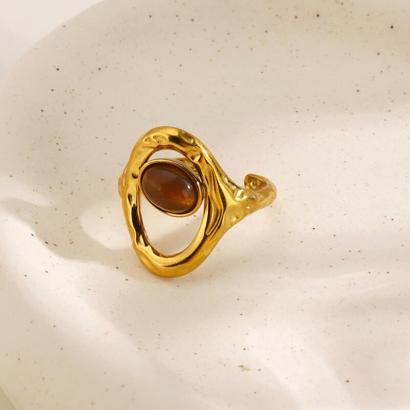 Vintage Stainless Steel Brown Stone Rings for Women Gold Color Geometric Metal Irregular Texture Open Rings Aesthetic Jewelry
