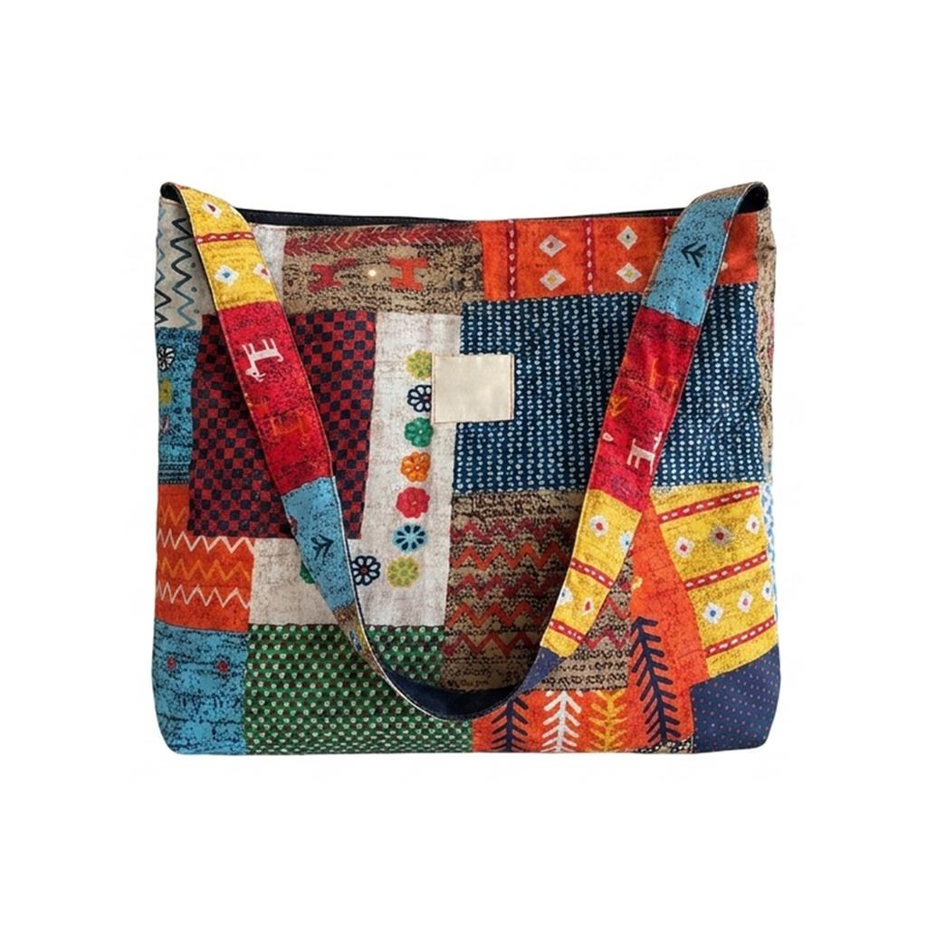 Double-Sided Bohemian Denim Canvas Tote Bag Vintage Contrast Color Commuter Handbag For Women