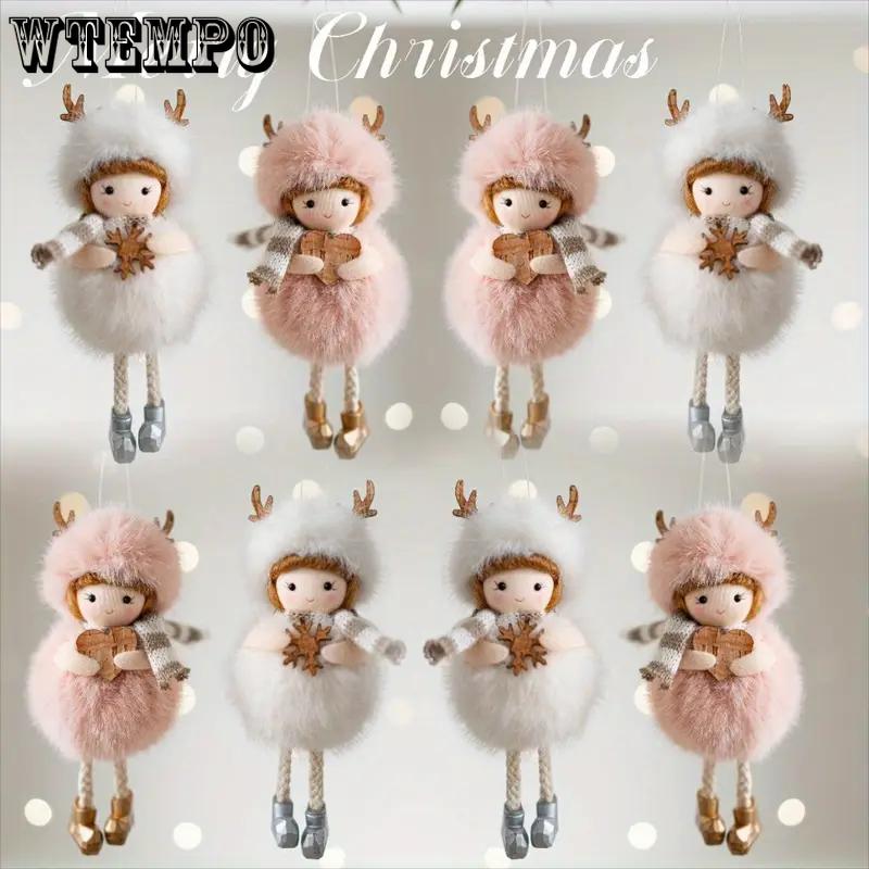 WTEMPO Charming Angel Round-Bellied Deer Antler Doll Hanging Pendents White Pink Christmas Ornaments Easy-Hang for Christmas Tree & Festive Party