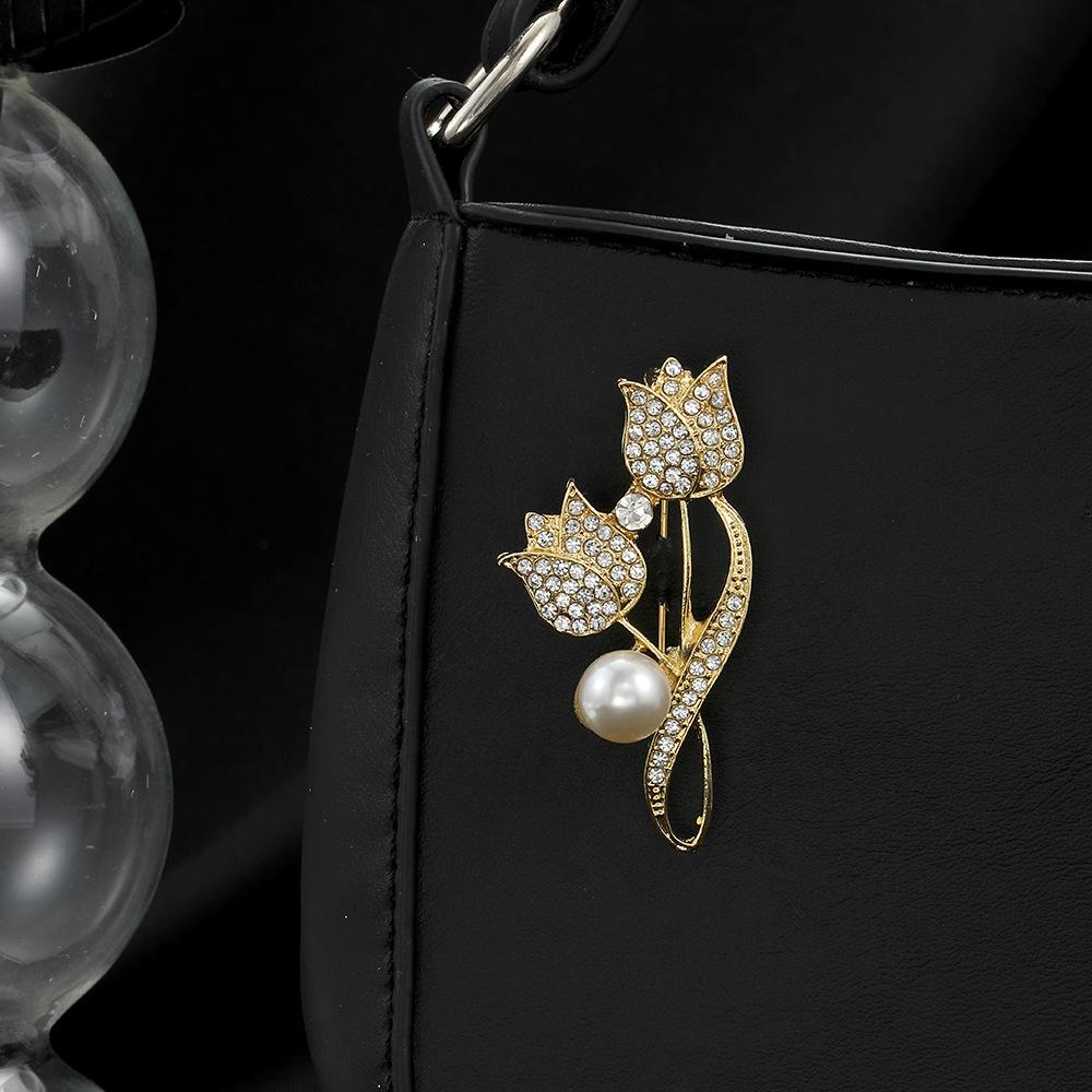 Diamond Temperament Tulip Pearl Brooch, Light Luxury High-End Coat Corsage Suit Pin Women